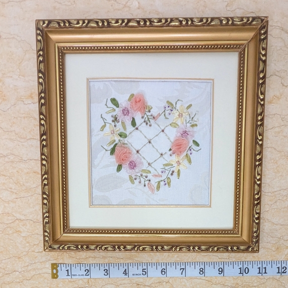 Vintage Ribbon Embroidery Floral Heart Beaded Accents Framed Gold Art - Picture 4 of 5